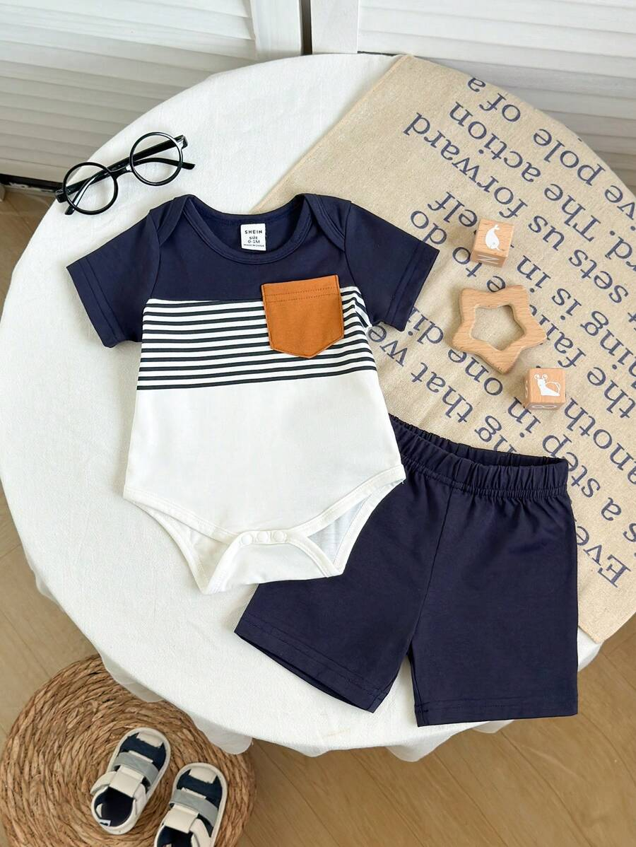SHEIN 2pcs Newborn Baby Boy Blue & White Striped Printed Brown Pocket Short Sleeve Romper And Elastic Waist Shorts Outfit Set, Soft & Comfortable, Suitable For Home & Outdoor, Spring/Summer, Baby Bodysuit, Baby Boy Shorts, Newborn Clothes,0-9 Month Boy Clothes NB00098 - Image 2