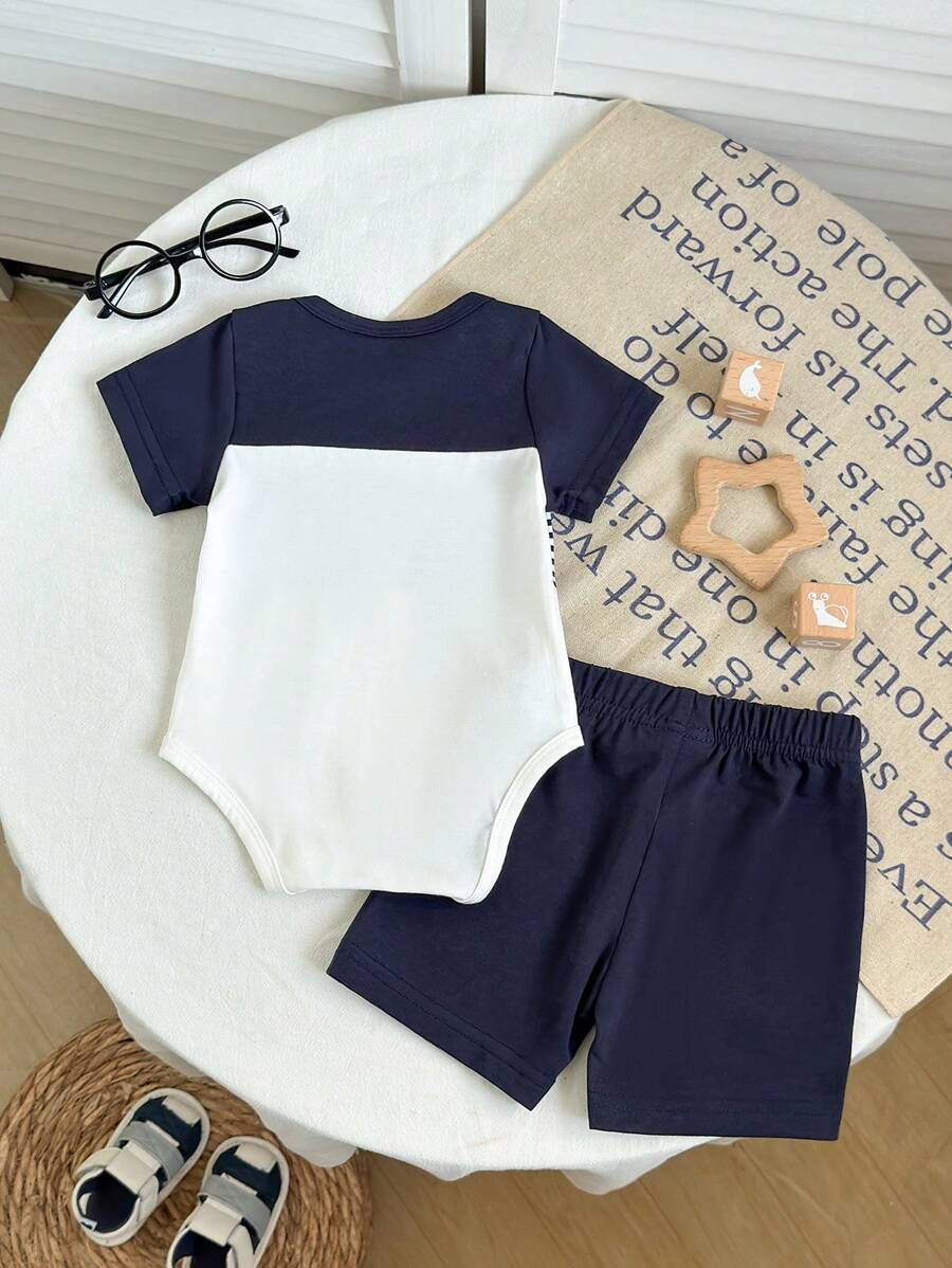 SHEIN 2pcs Newborn Baby Boy Blue & White Striped Printed Brown Pocket Short Sleeve Romper And Elastic Waist Shorts Outfit Set, Soft & Comfortable, Suitable For Home & Outdoor, Spring/Summer, Baby Bodysuit, Baby Boy Shorts, Newborn Clothes,0-9 Month Boy Clothes NB00098 - Image 3