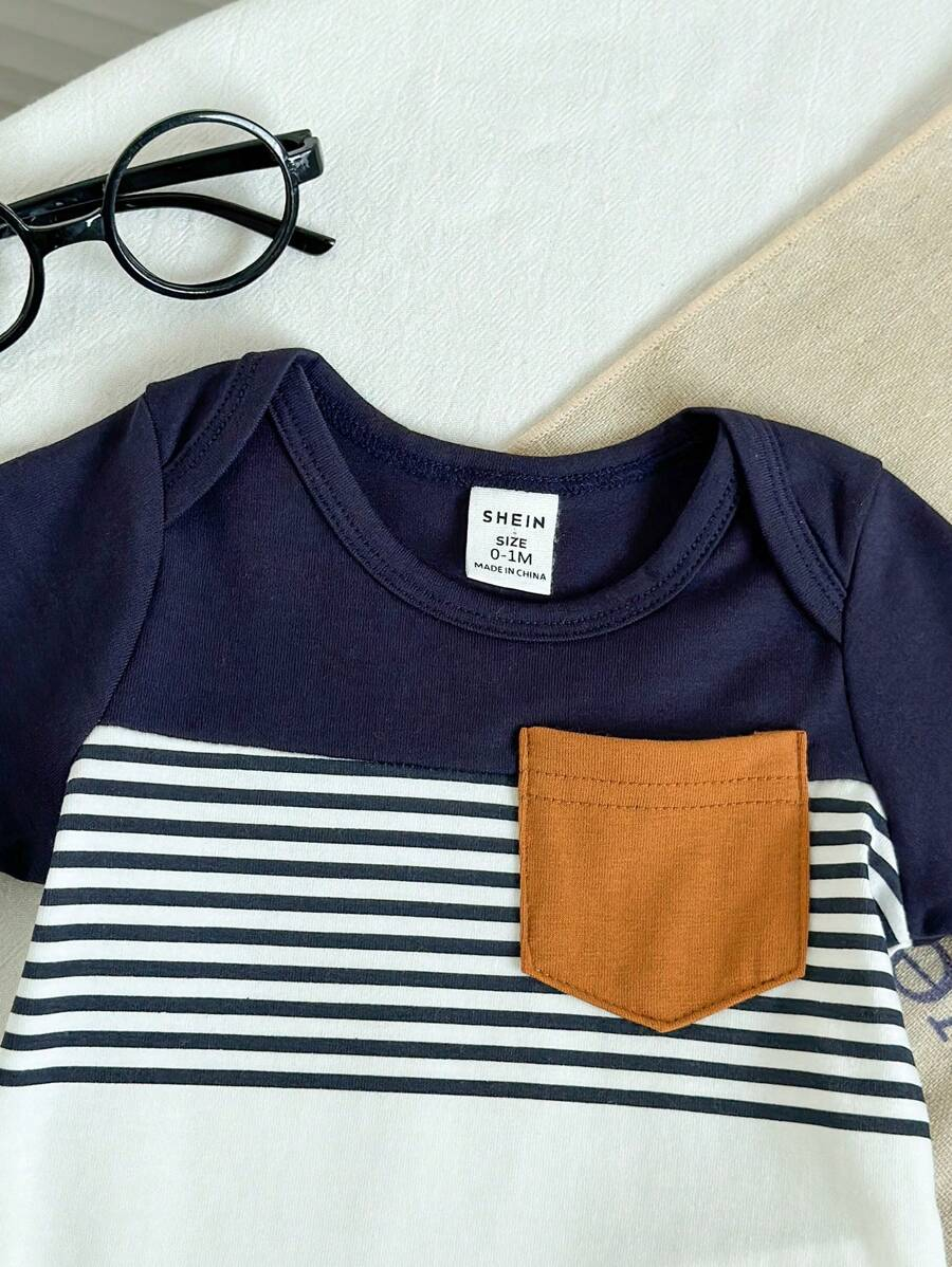 SHEIN 2pcs Newborn Baby Boy Blue & White Striped Printed Brown Pocket Short Sleeve Romper And Elastic Waist Shorts Outfit Set, Soft & Comfortable, Suitable For Home & Outdoor, Spring/Summer, Baby Bodysuit, Baby Boy Shorts, Newborn Clothes,0-9 Month Boy Clothes NB00098 - Image 5