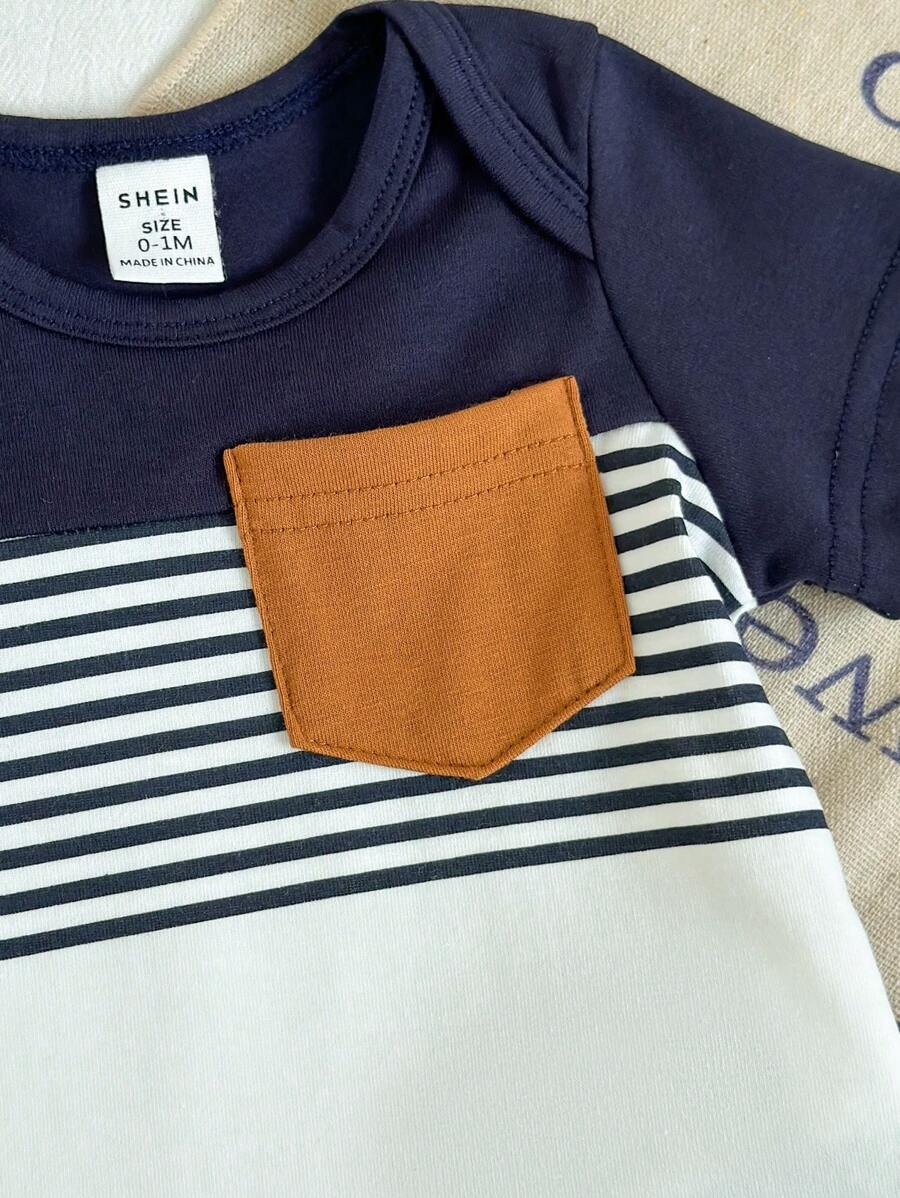 SHEIN 2pcs Newborn Baby Boy Blue & White Striped Printed Brown Pocket Short Sleeve Romper And Elastic Waist Shorts Outfit Set, Soft & Comfortable, Suitable For Home & Outdoor, Spring/Summer, Baby Bodysuit, Baby Boy Shorts, Newborn Clothes,0-9 Month Boy Clothes NB00098 - Image 6