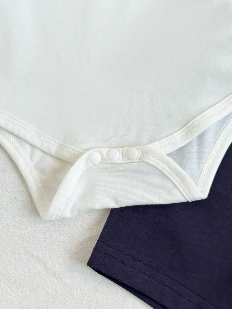 SHEIN 2pcs Newborn Baby Boy Blue & White Striped Printed Brown Pocket Short Sleeve Romper And Elastic Waist Shorts Outfit Set, Soft & Comfortable, Suitable For Home & Outdoor, Spring/Summer, Baby Bodysuit, Baby Boy Shorts, Newborn Clothes,0-9 Month Boy Clothes NB00098 - Image 7