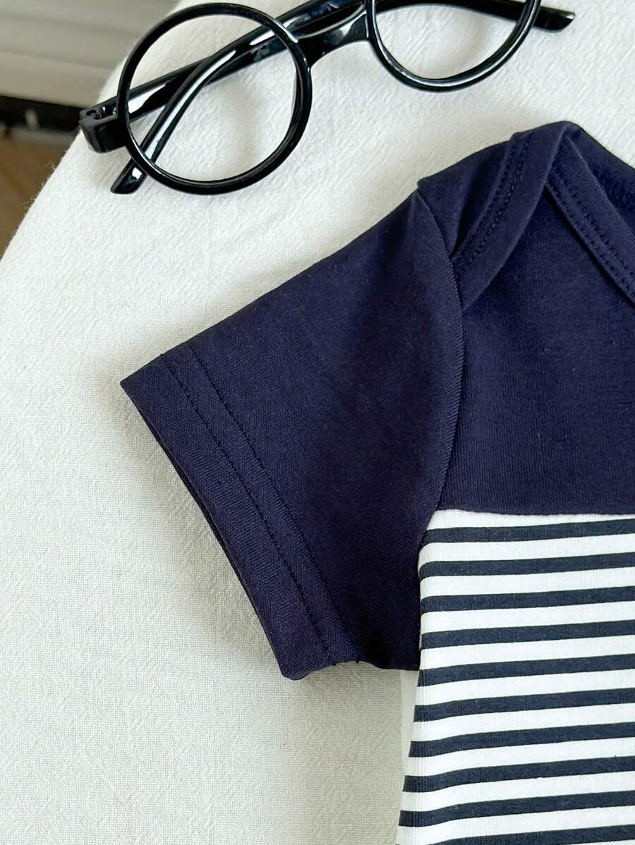 SHEIN 2pcs Newborn Baby Boy Blue & White Striped Printed Brown Pocket Short Sleeve Romper And Elastic Waist Shorts Outfit Set, Soft & Comfortable, Suitable For Home & Outdoor, Spring/Summer, Baby Bodysuit, Baby Boy Shorts, Newborn Clothes,0-9 Month Boy Clothes NB00098 - Image 8