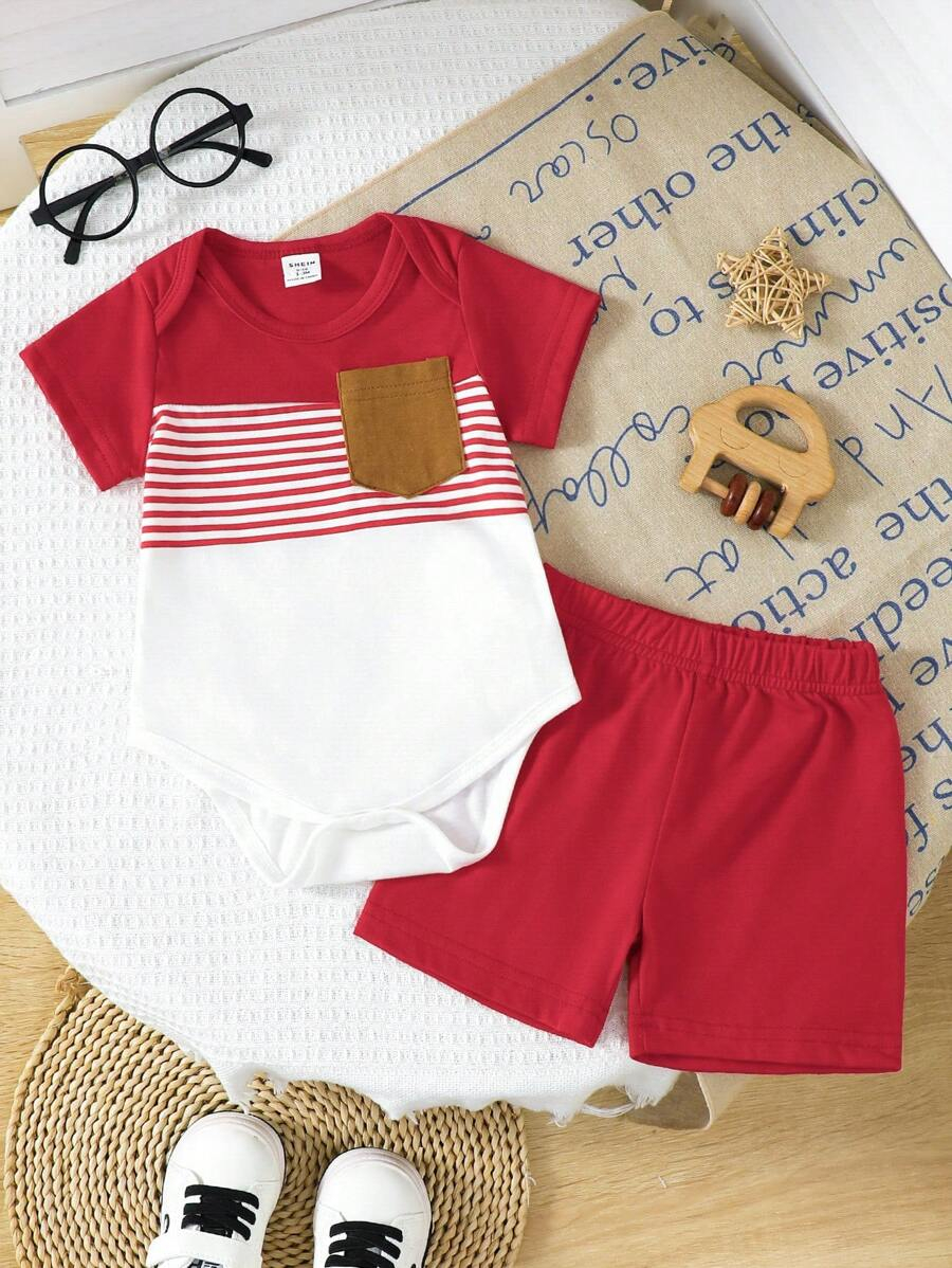 SHEIN 2pcs Newborn Baby Boy Blue & White Striped Printed Brown Pocket Short Sleeve Romper And Elastic Waist Shorts Outfit Set, Soft & Comfortable, Suitable For Home & Outdoor, Spring/Summer, Baby Bodysuit, Baby Boy Shorts, Newborn Clothes,0-9 Month Boy Clothes NB00098 - Image 11