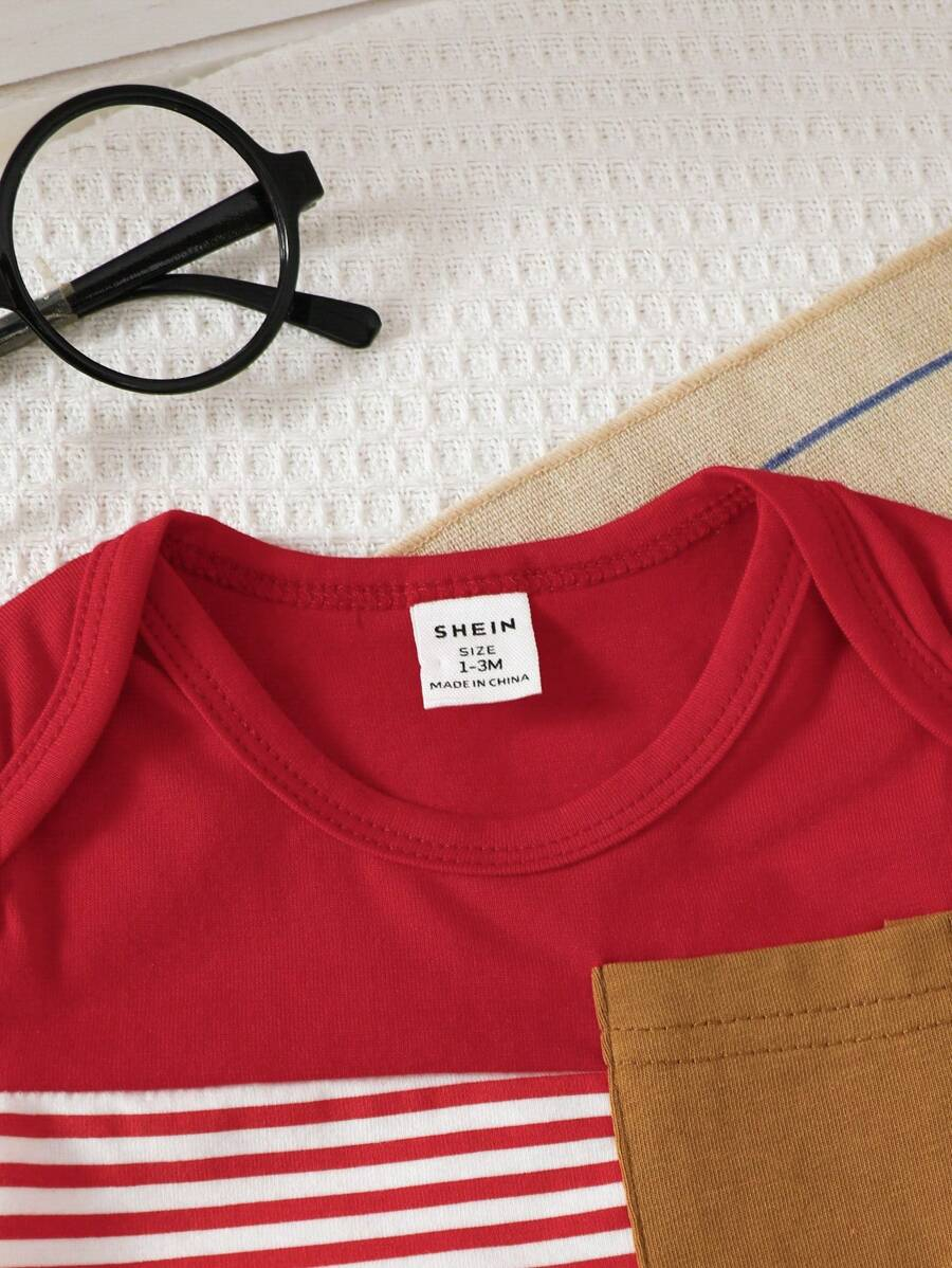 SHEIN 2pcs Newborn Baby Boy Blue & White Striped Printed Brown Pocket Short Sleeve Romper And Elastic Waist Shorts Outfit Set, Soft & Comfortable, Suitable For Home & Outdoor, Spring/Summer, Baby Bodysuit, Baby Boy Shorts, Newborn Clothes,0-9 Month Boy Clothes NB00098 - Image 13