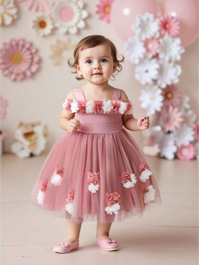 1pc Baby Girl Princess Style Tulle Dress With 3D Flower Appliques For Birthday Party Summer BG00049
