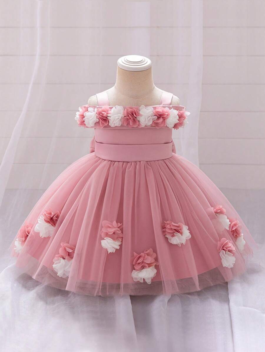 1pc Baby Girl Princess Style Tulle Dress With 3D Flower Appliques For Birthday Party Summer BG00049 - Image 3