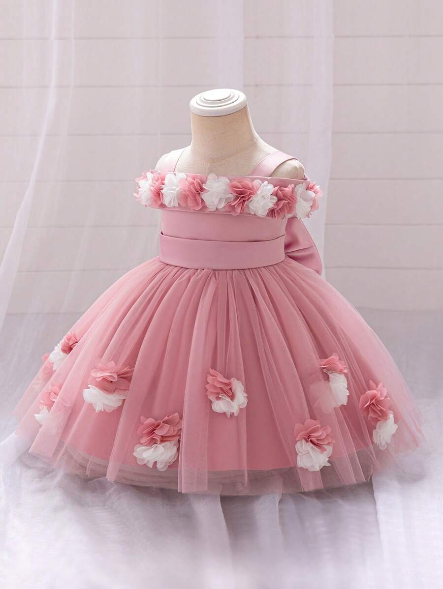 1pc Baby Girl Princess Style Tulle Dress With 3D Flower Appliques For Birthday Party Summer BG00049 - Image 4