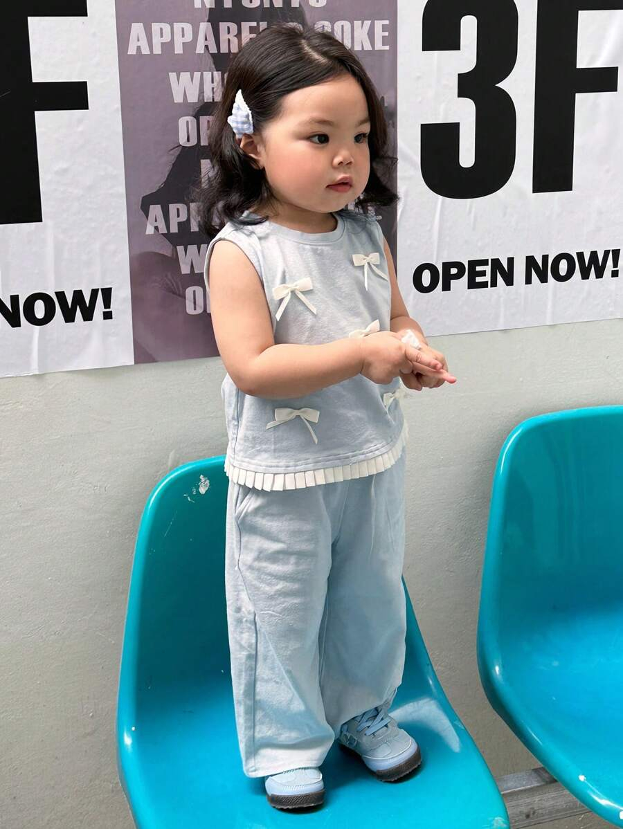 Dazy Kids 2pcs/Set Toddler Girls Casual Round Neck Bow Short Sleeve T-Shirt & Cropped Pants Set BG00082 - Image 2