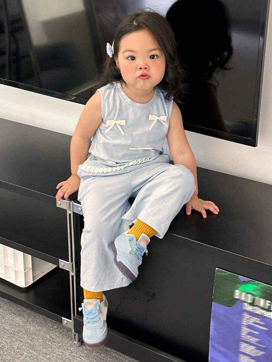 Dazy Kids 2pcs/Set Toddler Girls Casual Round Neck Bow Short Sleeve T-Shirt & Cropped Pants Set BG00082 - Image 4