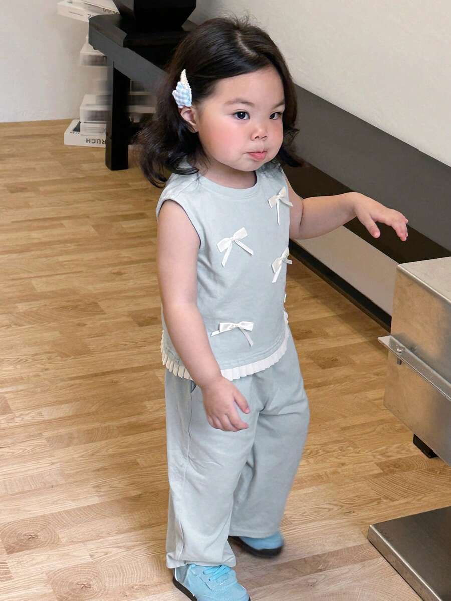 Dazy Kids 2pcs/Set Toddler Girls Casual Round Neck Bow Short Sleeve T-Shirt & Cropped Pants Set BG00082 - Image 5