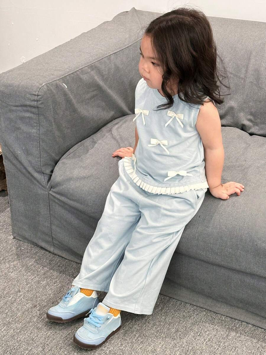 Dazy Kids 2pcs/Set Toddler Girls Casual Round Neck Bow Short Sleeve T-Shirt & Cropped Pants Set BG00082 - Image 6