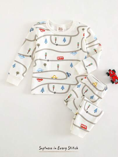 Cozy Pixies Baby Boy Snug Fit Pajamas 2 Pieces Set - Cartoon Car Print Soft Knitted Crew Neck Long Sleeve Top And Elastic Waist Long Pants BB00097