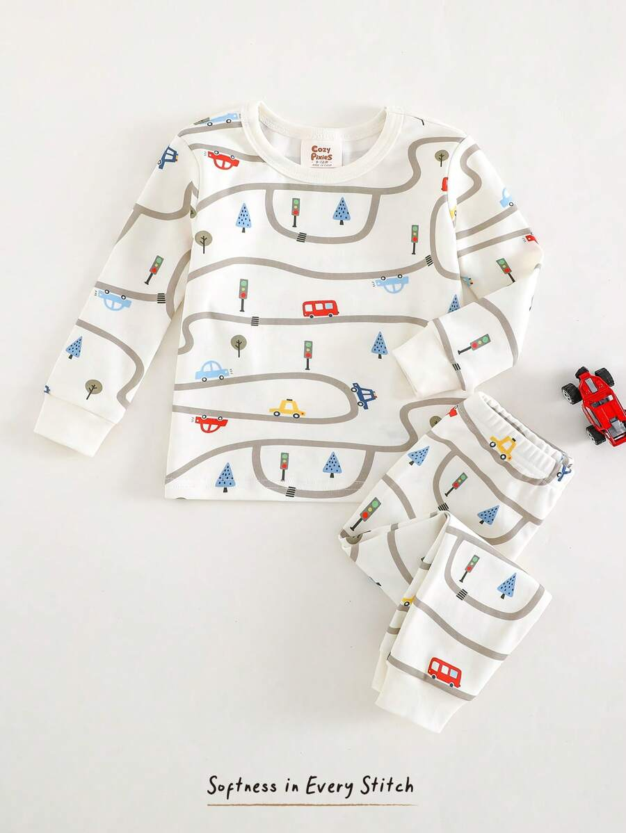 Cozy Pixies Baby Boy Snug Fit Pajamas 2 Pieces Set - Cartoon Car Print Soft Knitted Crew Neck Long Sleeve Top And Elastic Waist Long Pants BB00097 - Image 2
