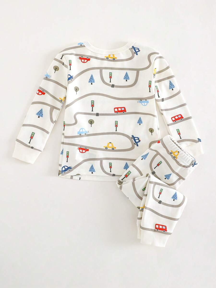 Cozy Pixies Baby Boy Snug Fit Pajamas 2 Pieces Set - Cartoon Car Print Soft Knitted Crew Neck Long Sleeve Top And Elastic Waist Long Pants BB00097 - Image 3