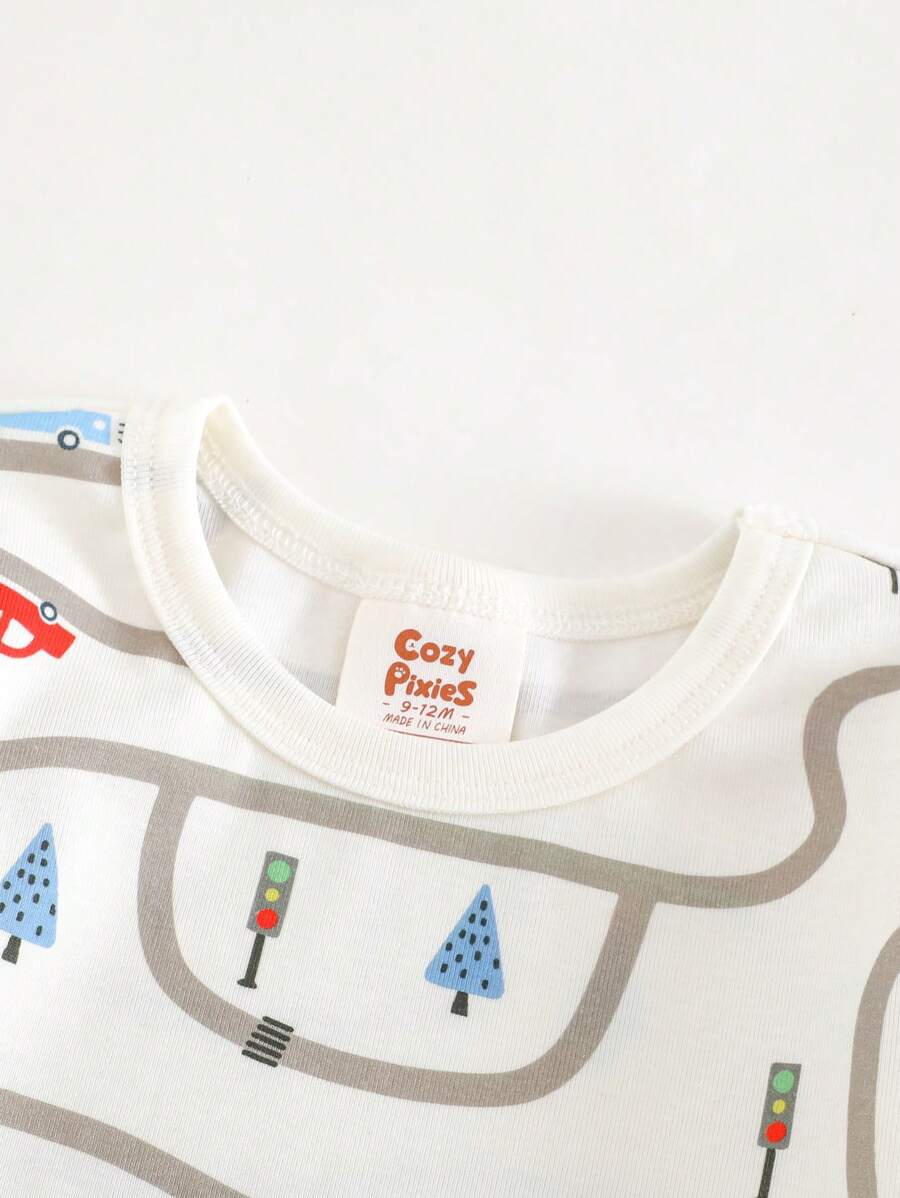 Cozy Pixies Baby Boy Snug Fit Pajamas 2 Pieces Set - Cartoon Car Print Soft Knitted Crew Neck Long Sleeve Top And Elastic Waist Long Pants BB00097 - Image 4