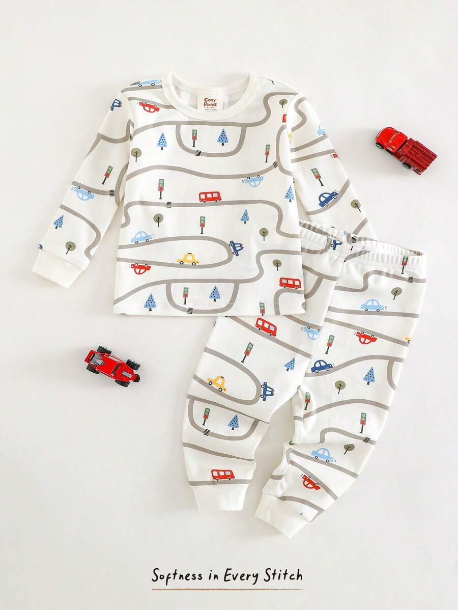Cozy Pixies Baby Boy Snug Fit Pajamas 2 Pieces Set - Cartoon Car Print Soft Knitted Crew Neck Long Sleeve Top And Elastic Waist Long Pants BB00097 - Image 9