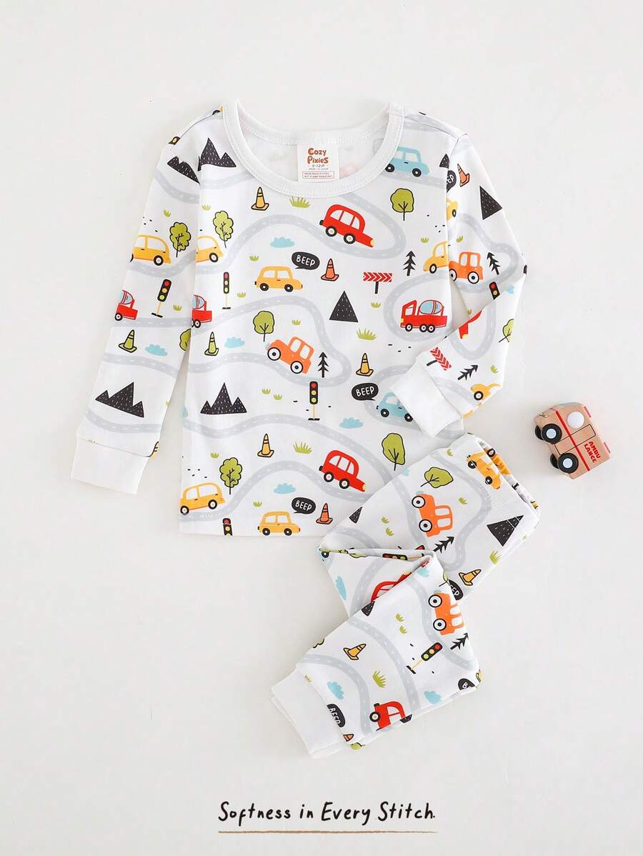 Cozy Pixies Baby Boy Snug Fit Pajamas 2 Pieces Set - Cartoon Car Print Soft Knitted Crew Neck Long Sleeve Top And Elastic Waist Long Pants BB00097 - Image 11