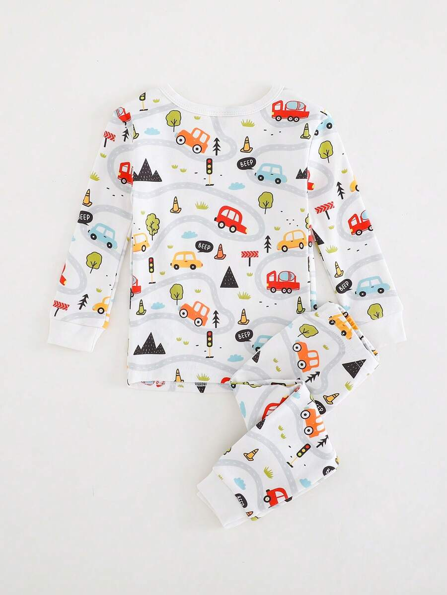 Cozy Pixies Baby Boy Snug Fit Pajamas 2 Pieces Set - Cartoon Car Print Soft Knitted Crew Neck Long Sleeve Top And Elastic Waist Long Pants BB00097 - Image 12