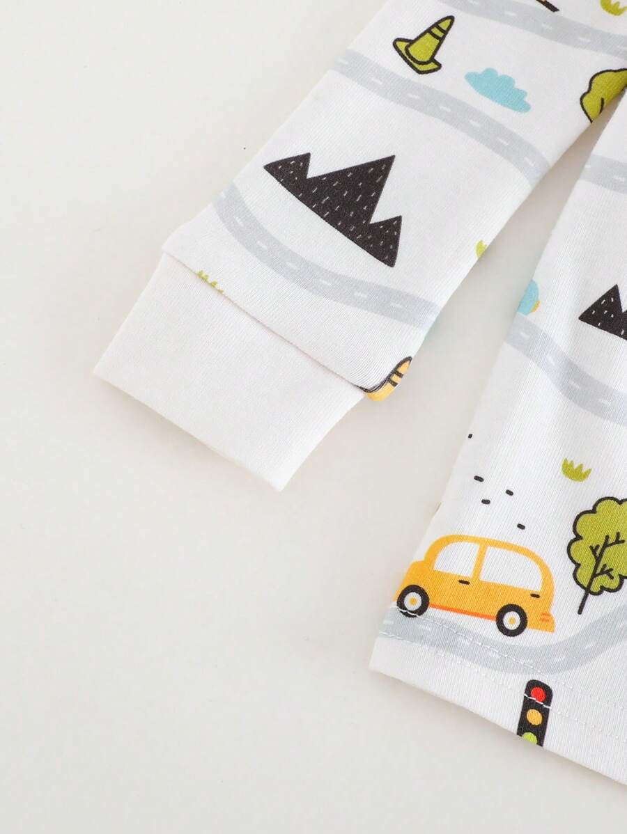 Cozy Pixies Baby Boy Snug Fit Pajamas 2 Pieces Set - Cartoon Car Print Soft Knitted Crew Neck Long Sleeve Top And Elastic Waist Long Pants BB00097 - Image 13
