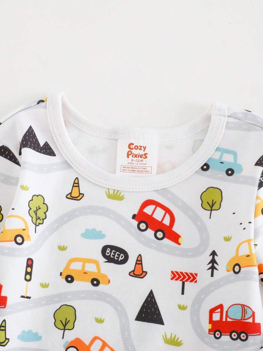 Cozy Pixies Baby Boy Snug Fit Pajamas 2 Pieces Set - Cartoon Car Print Soft Knitted Crew Neck Long Sleeve Top And Elastic Waist Long Pants BB00097 - Image 15