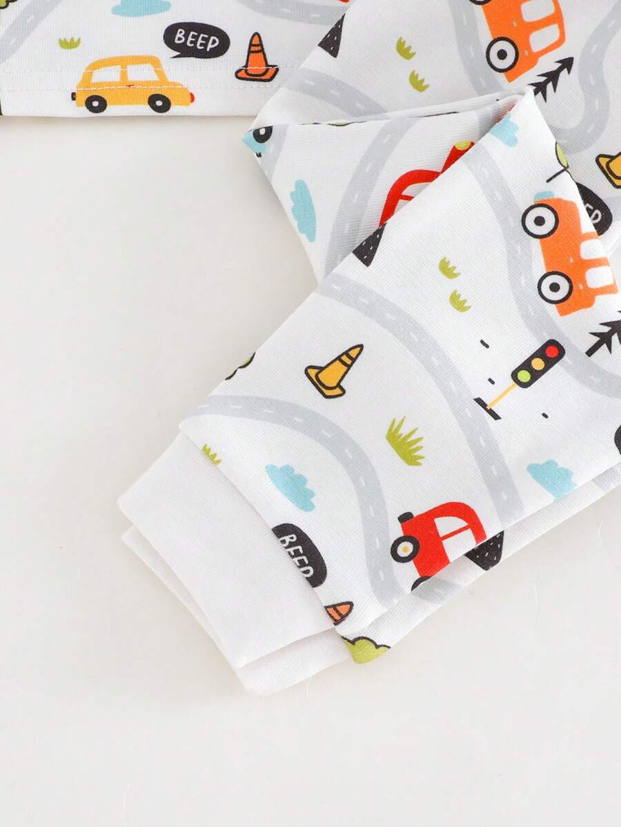 Cozy Pixies Baby Boy Snug Fit Pajamas 2 Pieces Set - Cartoon Car Print Soft Knitted Crew Neck Long Sleeve Top And Elastic Waist Long Pants BB00097 - Image 17