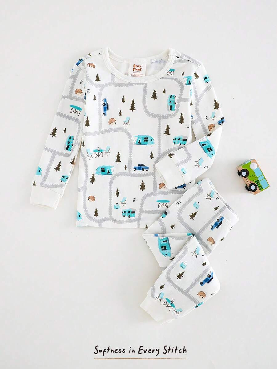Cozy Pixies Baby Boy Snug Fit Pajamas 2 Pieces Set - Cartoon Car Print Soft Knitted Crew Neck Long Sleeve Top And Elastic Waist Long Pants BB00097 - Image 18