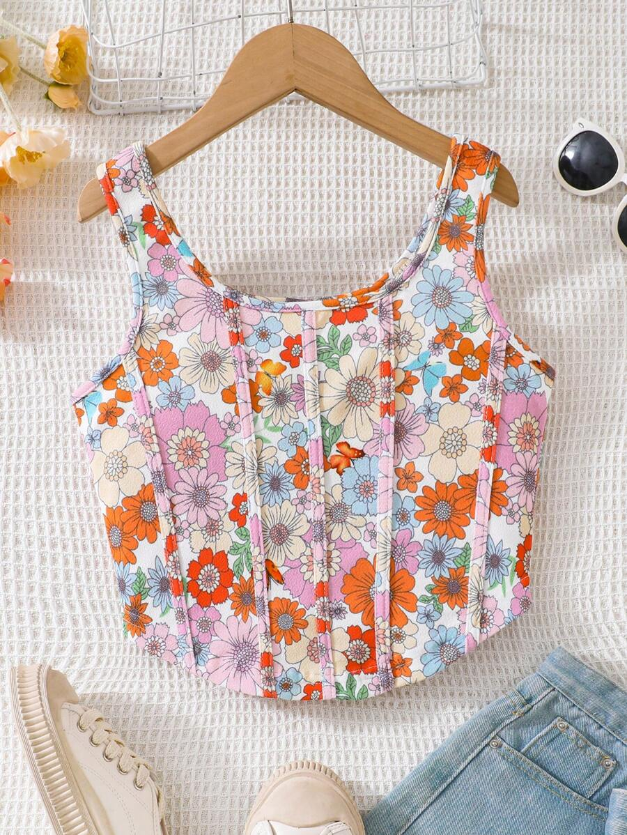 SHEIN Tween Girl Fashionable Flower Print Sleeveless Cami Top Holiday,Summer,Travel,Getaway TG-8-12-00026 - Image 2