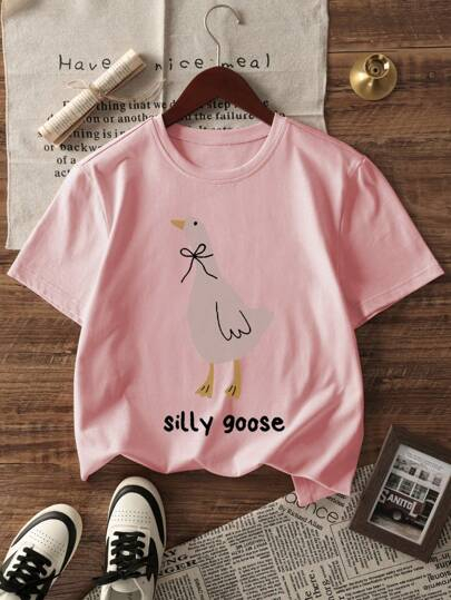 1pc Casual Teenage Girls Crew Neck Printed Short Sleeve T-Shirt, Simple English Letter Graphic Inspired Self-Expression TG-8-12-00035