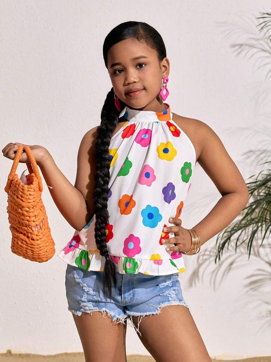 SHEIN Tween Girls Casual Ditsy Floral Sleeveless Halter Woven Blouse TG-8-12-00051 - Image 2
