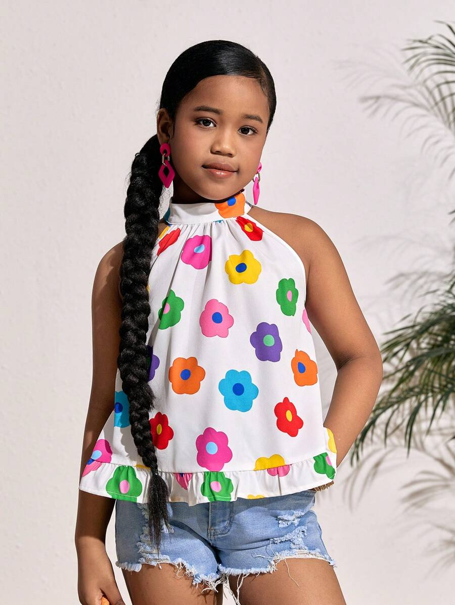 SHEIN Tween Girls Casual Ditsy Floral Sleeveless Halter Woven Blouse TG-8-12-00051 - Image 4