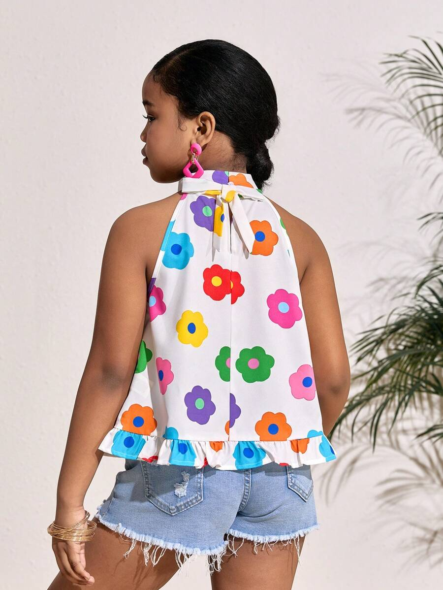SHEIN Tween Girls Casual Ditsy Floral Sleeveless Halter Woven Blouse TG-8-12-00051 - Image 6