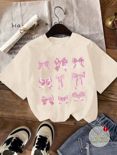 SHEIN Tween Girls' Casual Minimalist Short Sleeve Round Neck T-Shirt, Suitable For Spring & Summer TG-8-12-00052