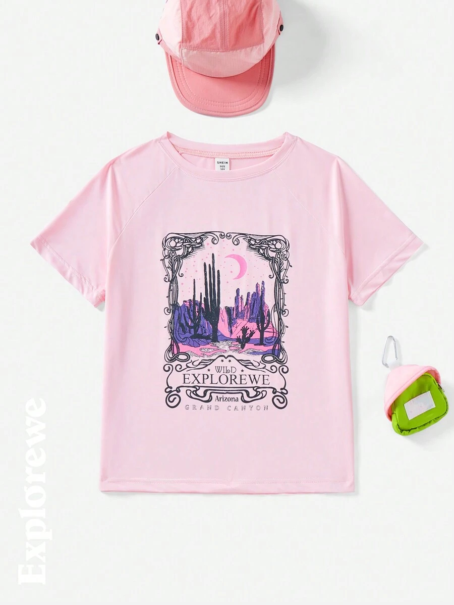 SHEIN Youth Girls' Outdoor Casual Cactus & Letter Print Round Neck T-Shirt, Pink, Summer TG-8-12-00054 - Image 2
