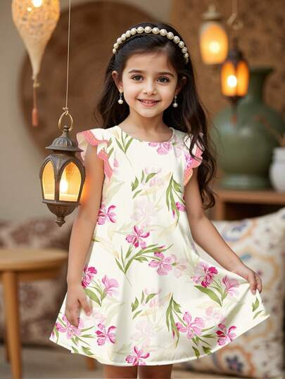 SHEIN Elegant Floral Print, Tween Girl Casual Ruffle Sleeve Dress, Minimalist Style, Suitable For Spring & Summer TG-8-12-00056