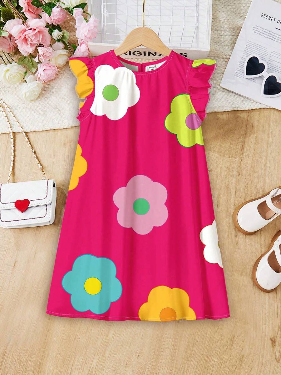 SHEIN Elegant Floral Print, Tween Girl Casual Ruffle Sleeve Dress, Minimalist Style, Suitable For Spring & Summer TG-8-12-00056 - Image 2