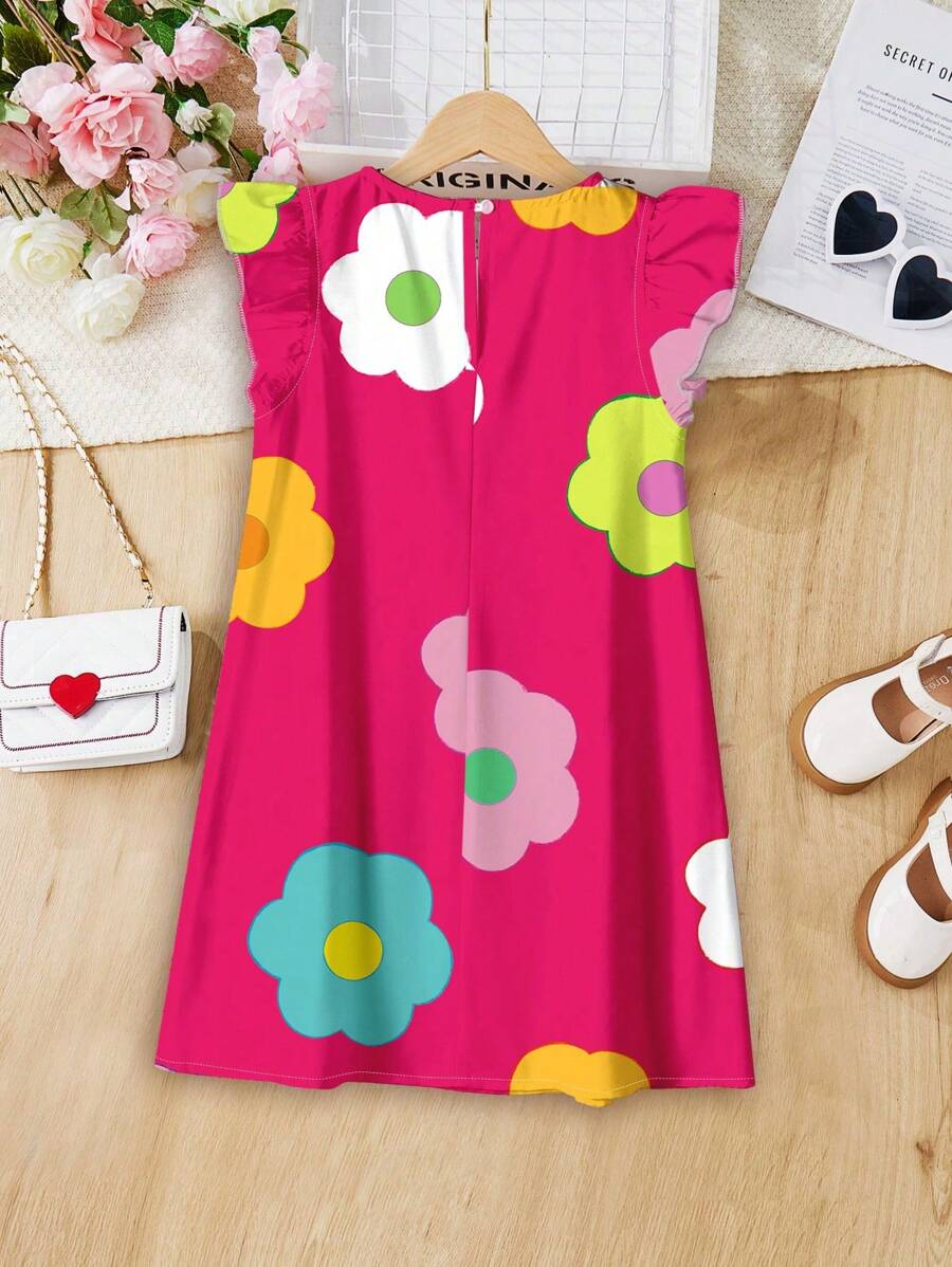 SHEIN Elegant Floral Print, Tween Girl Casual Ruffle Sleeve Dress, Minimalist Style, Suitable For Spring & Summer TG-8-12-00056 - Image 3