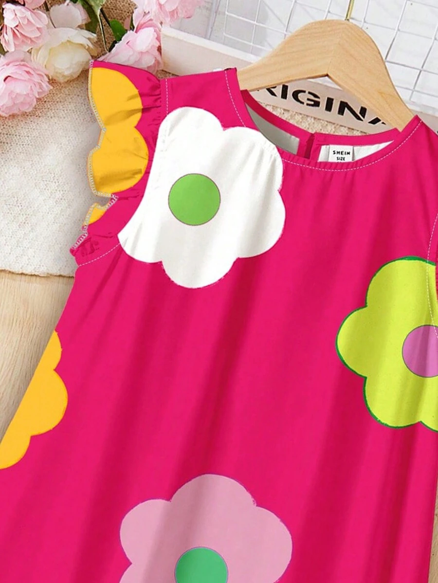 SHEIN Elegant Floral Print, Tween Girl Casual Ruffle Sleeve Dress, Minimalist Style, Suitable For Spring & Summer TG-8-12-00056 - Image 4