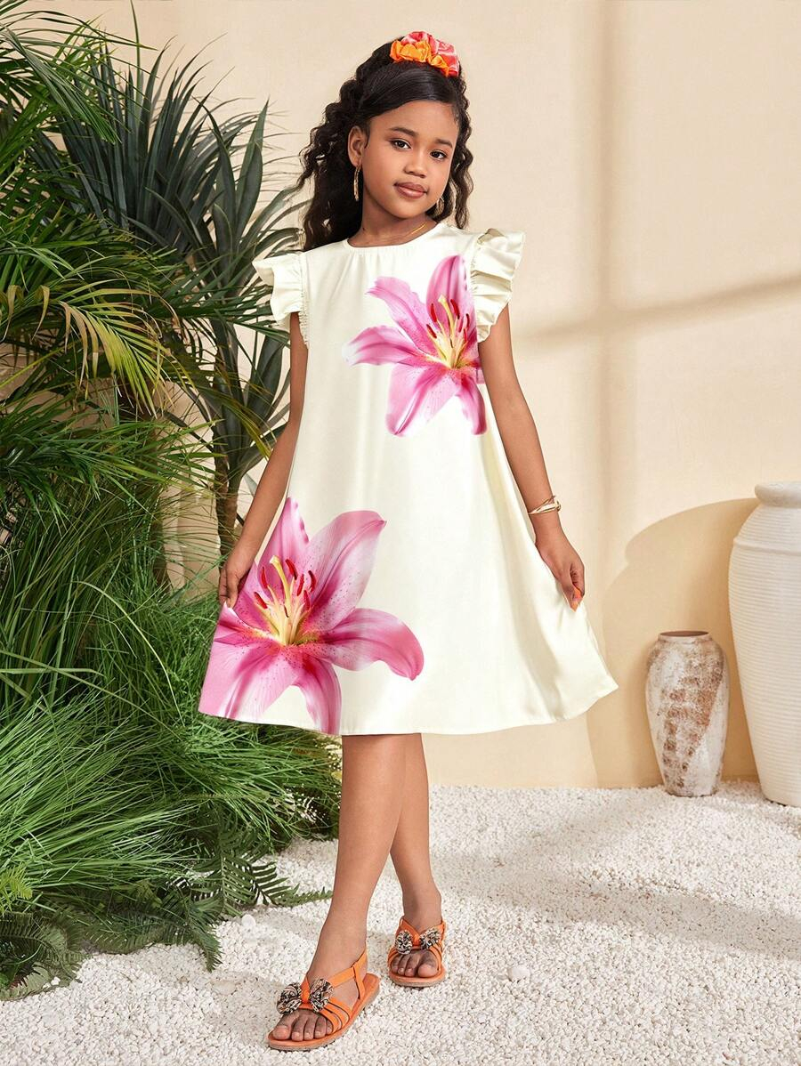 SHEIN Elegant Floral Print, Tween Girl Casual Ruffle Sleeve Dress, Minimalist Style, Suitable For Spring & Summer TG-8-12-00056 - Image 6