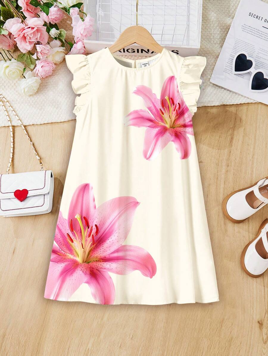 SHEIN Elegant Floral Print, Tween Girl Casual Ruffle Sleeve Dress, Minimalist Style, Suitable For Spring & Summer TG-8-12-00056 - Image 8