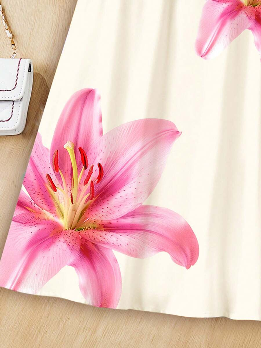 SHEIN Elegant Floral Print, Tween Girl Casual Ruffle Sleeve Dress, Minimalist Style, Suitable For Spring & Summer TG-8-12-00056 - Image 10