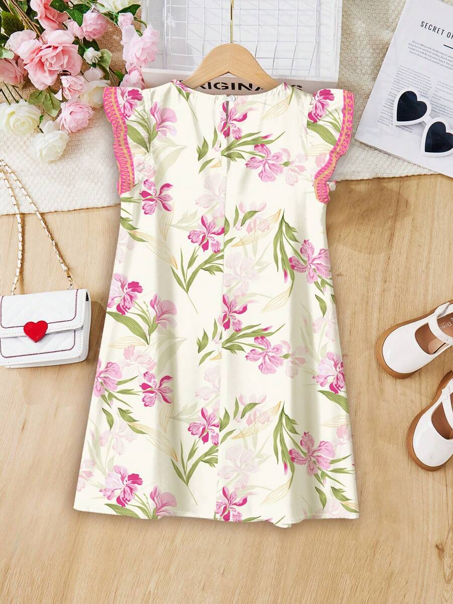 SHEIN Elegant Floral Print, Tween Girl Casual Ruffle Sleeve Dress, Minimalist Style, Suitable For Spring & Summer TG-8-12-00056 - Image 12