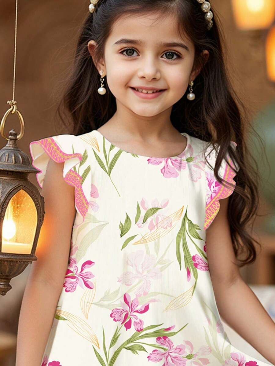 SHEIN Elegant Floral Print, Tween Girl Casual Ruffle Sleeve Dress, Minimalist Style, Suitable For Spring & Summer TG-8-12-00056 - Image 13