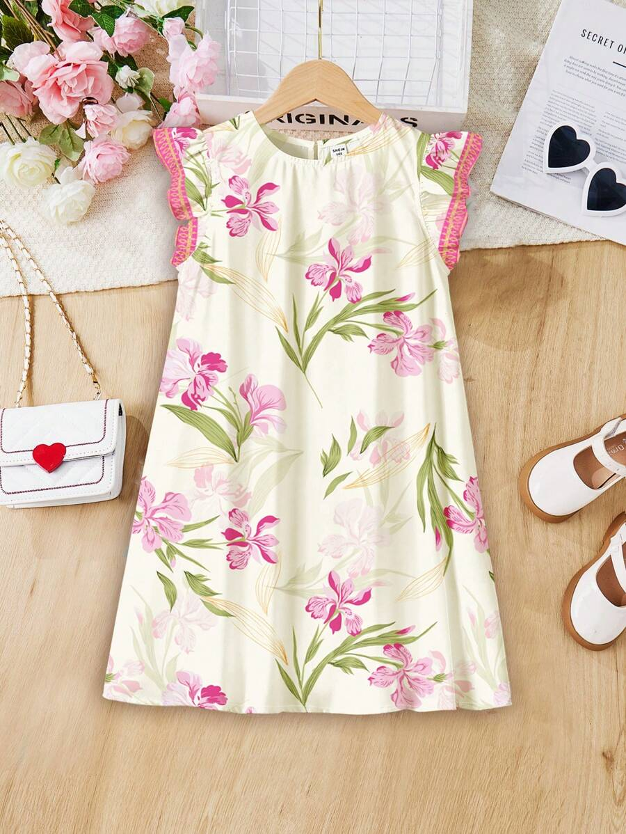 SHEIN Elegant Floral Print, Tween Girl Casual Ruffle Sleeve Dress, Minimalist Style, Suitable For Spring & Summer TG-8-12-00056 - Image 15