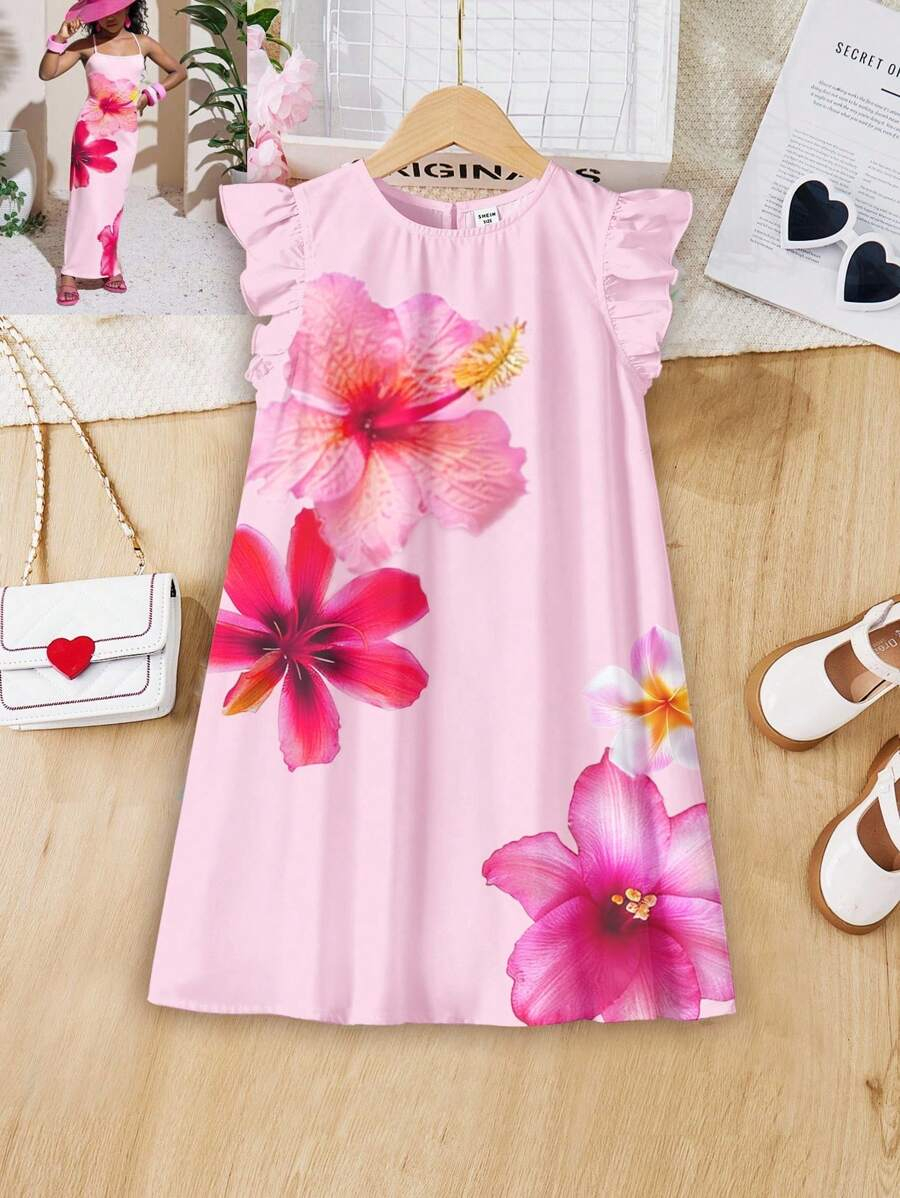 SHEIN Elegant Floral Print, Tween Girl Casual Ruffle Sleeve Dress, Minimalist Style, Suitable For Spring & Summer TG-8-12-00056 - Image 16