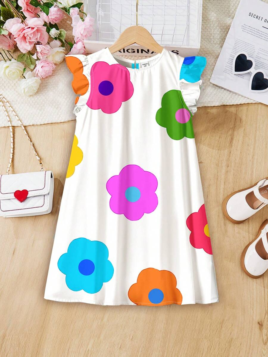 SHEIN Elegant Floral Print, Tween Girl Casual Ruffle Sleeve Dress, Minimalist Style, Suitable For Spring & Summer TG-8-12-00056 - Image 20