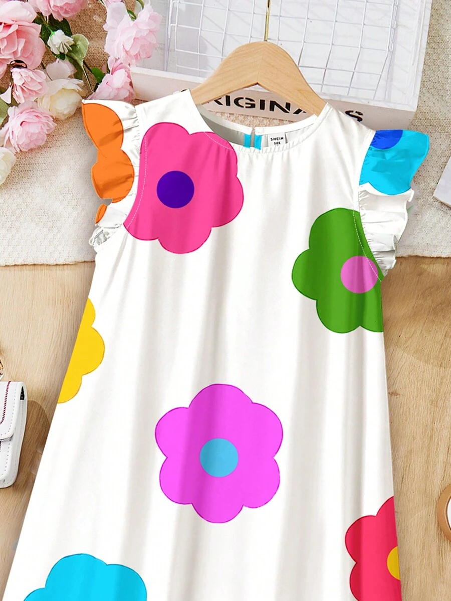 SHEIN Elegant Floral Print, Tween Girl Casual Ruffle Sleeve Dress, Minimalist Style, Suitable For Spring & Summer TG-8-12-00056 - Image 22
