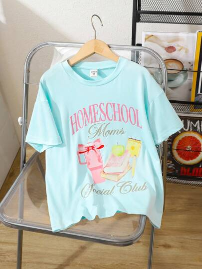 SHEIN Tween Girls Casual Simple Refreshing Front Print T-Shirt TG-8-12-00058