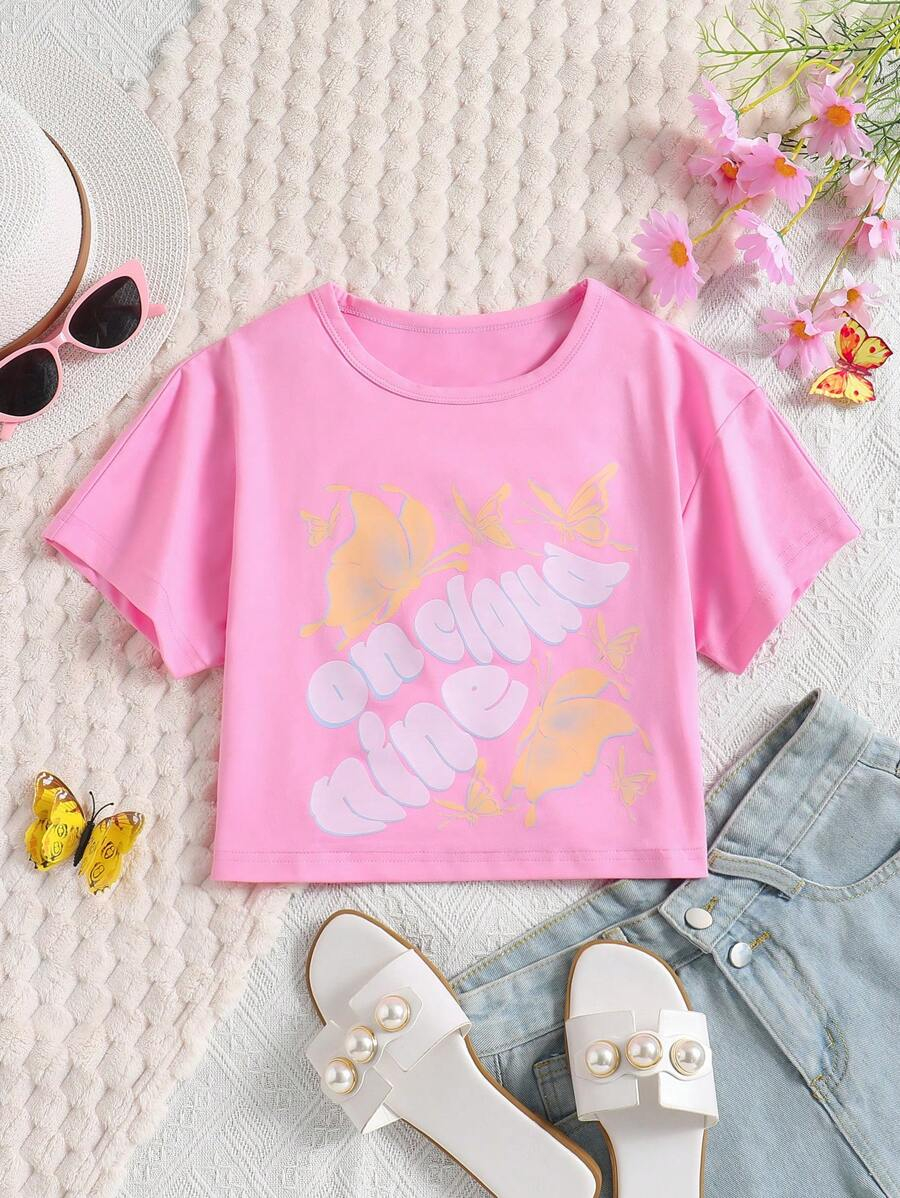 SHEIN Tween Girl Summer Cute Butterfly And Letter Print T-Shirt TG-8-12-00062 - Image 2