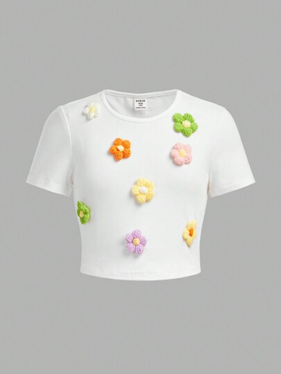 SHEIN Sweetra Young Tween Girl Summer Casual 3D Floral Short Sleeve T-Shirt, Creative Floral Design, Casual Style, Soft & Breathable, Comfortable Fabric Holiday,Summer,Travel,Getaway TG-8-12-00064