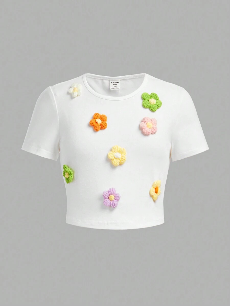 SHEIN Sweetra Young Tween Girl Summer Casual 3D Floral Short Sleeve T-Shirt, Creative Floral Design, Casual Style, Soft & Breathable, Comfortable Fabric Holiday,Summer,Travel,Getaway TG-8-12-00064 - Image 2